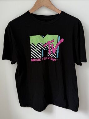 MTV Graphic Tee Black Neon Pink Green Slime Logo T-Shirt